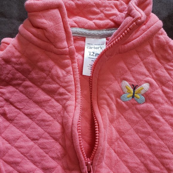 Vest Coral Pink Embroidered Butterfly Quilted diamond pattern Carter's 12 Month - Picture 3 of 3
